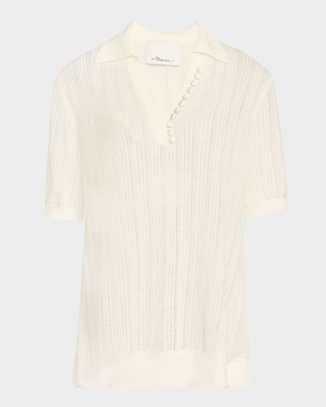 Airy Short-Sleeve Open-Knit Polo Top